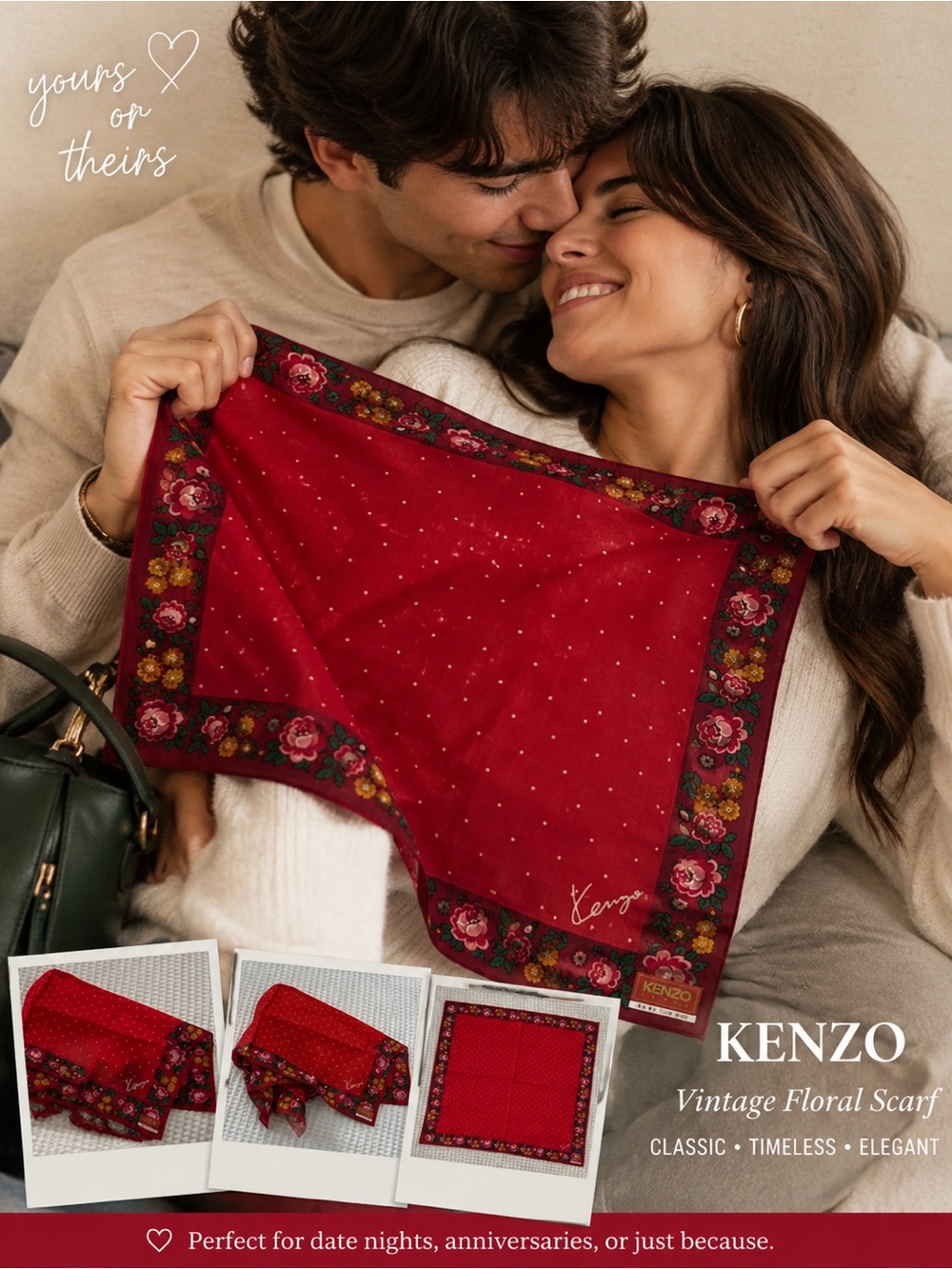 KENZO Red Floral Border Silk Scarf